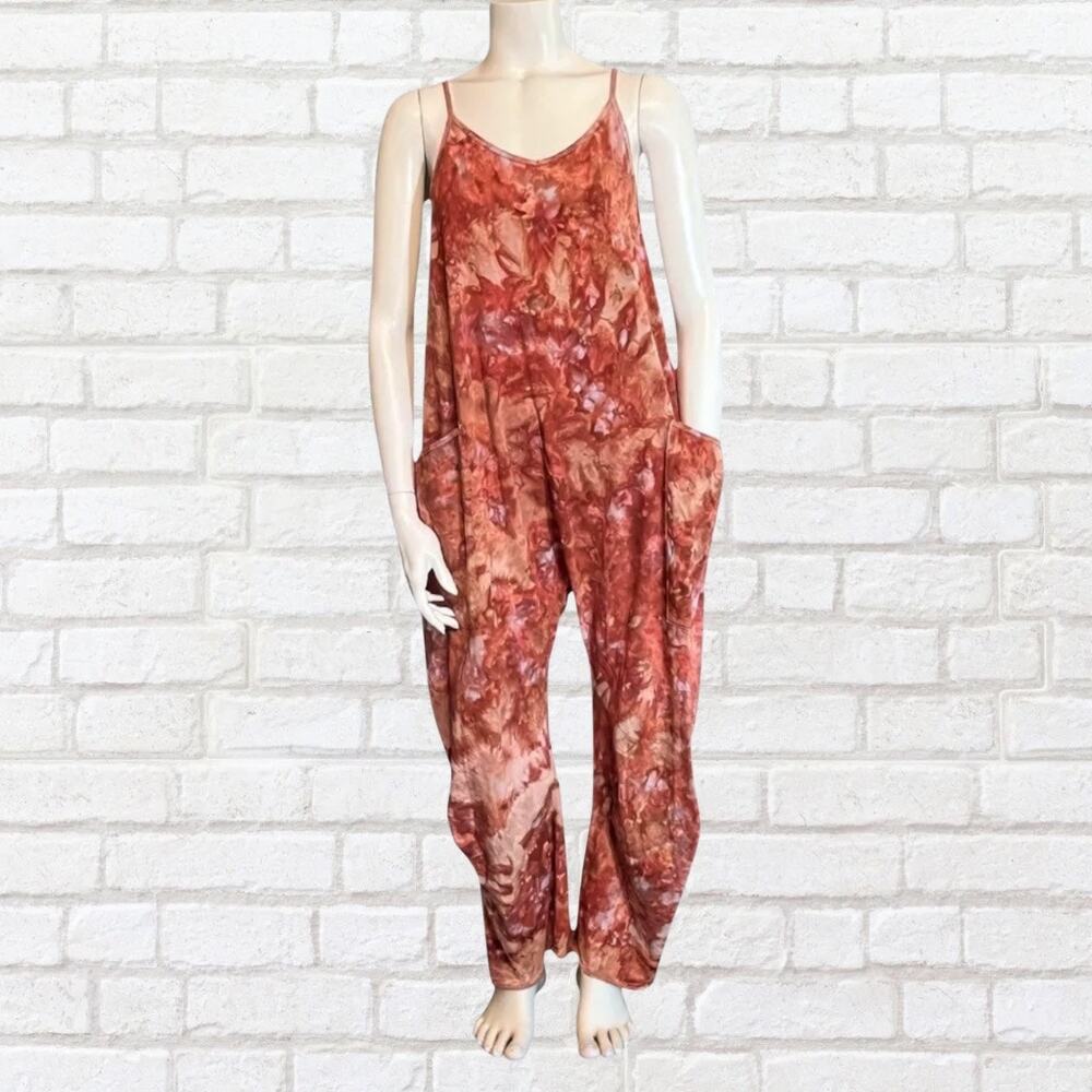 Hand Dyed Artisan Large Ice Dye Red Orange Romper Hot Shot Festival Tie Dye